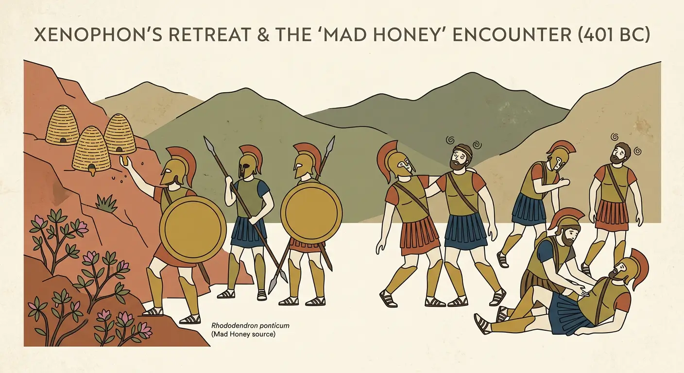 Historical illustration of Xenophon's Greek soldiers encountering mad honey in 401 BC during their retreat through modern-day Turkey