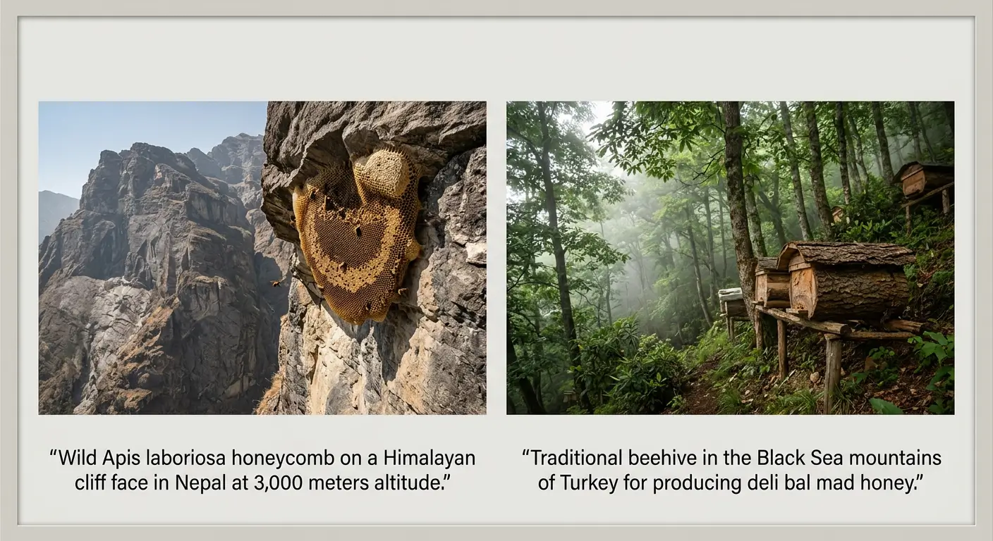 Wild Apis laboriosa honeycomb on a Himalayan cliff face in Nepal at 3,000 meters altitude and Traditional beehive in the Black Sea mountains of Turkey for producing deli bal mad honey.