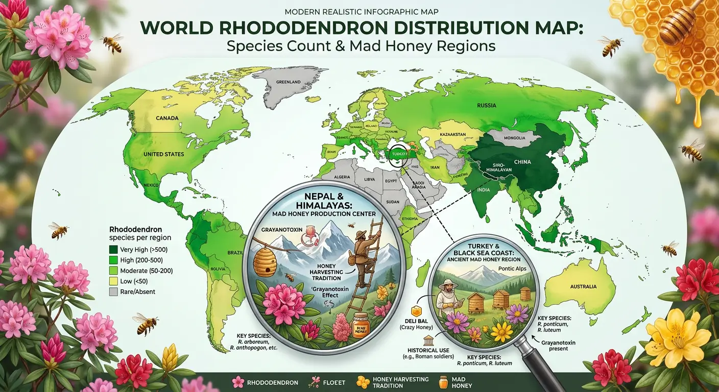 orld rhododendron distribution map showing species count per region, highlighting NepalHimalayas and TurkeyBlack Sea as mad honey production zones